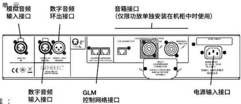 模拟音频 输入接口 数字音频 环出接口 音箱接口 (仅限功放单独安装在机柜中时使用) 数字音频 输入接口 GLM 控制网络接口 电源输入接口