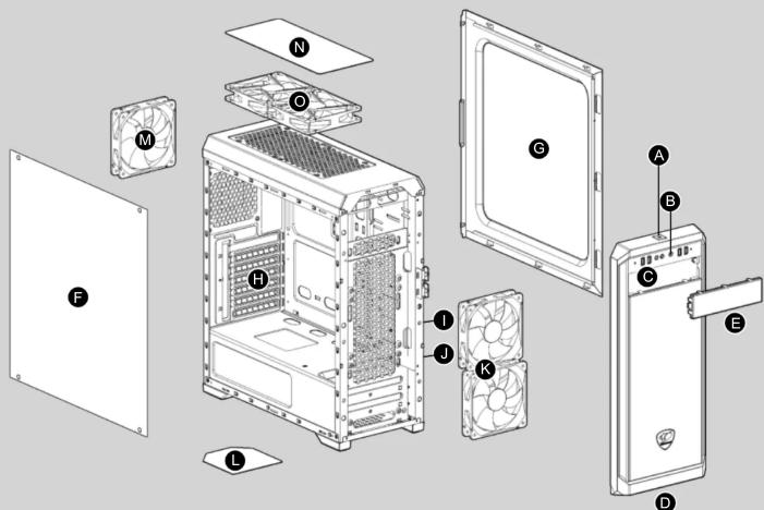 Exploded view diagram of a desktop computer tower showing fan, drive, and internal components with labeled parts A through L.