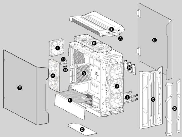 Exploded view diagram of a computer tower case with labeled components from fan to door
