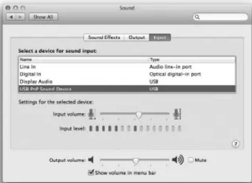 Sound Show All Sound Effects Output.Input Select a device for sound input: Name Way Line In Audio line-in port Digital In Optical digital-in port Display Audio USB USB PnP Sound Device USB Settings for the selected device: Input volume: Input level: Output volume: Mute Show volume in menu bar
