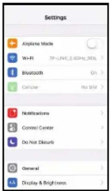 Settings Airplane Mode Wi-Fi TP-UNK_2.4GHz_BILL > Bluetooth On > Cellular No SIM > Notifications > Control Center > Do Not Disturb > General > Display & Brightness >