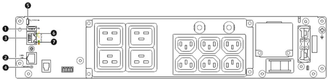 Diagram of an electronic device rear panel with labeled ports and internal socket layouts