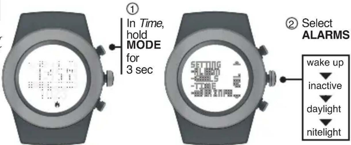 ① In Time, hold MODE for 3 sec ② Select ALARMS wake up ↓ inactive ↓ daylight ↓ nitelight
