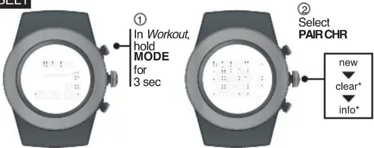 ① In Workout, hold MODE for 3 sec ② Select PAIR CHR new clear* info*