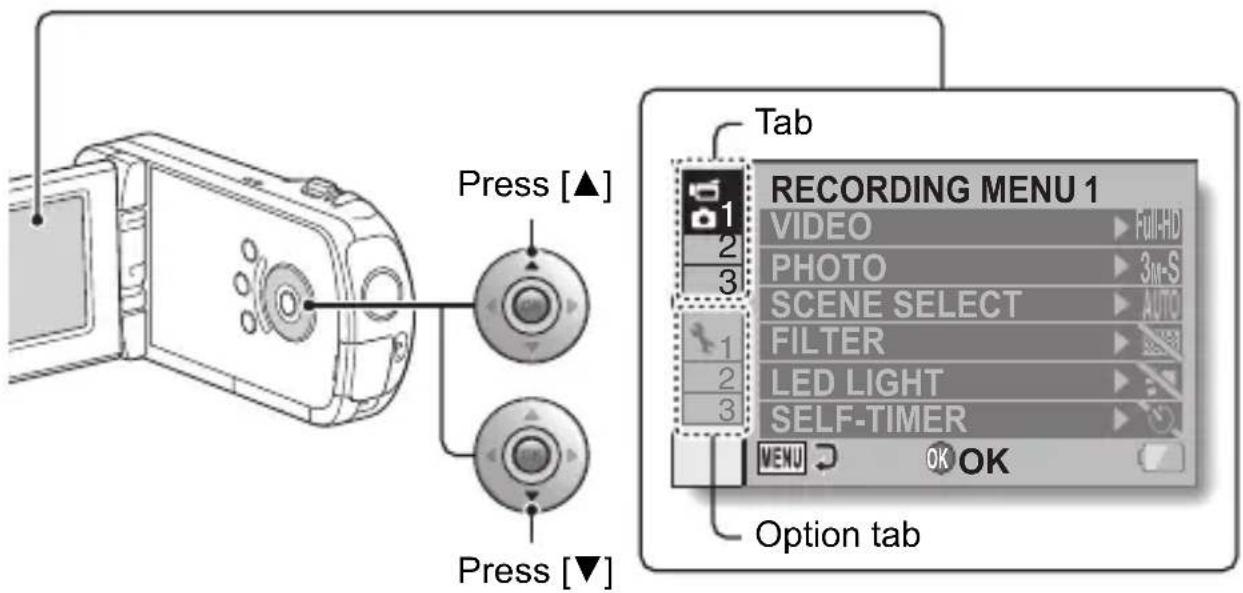 Press [▲] Press [▼] Tab RECORDING MENU 1 VIDEO PHOTO SCENE SELECT FILTER LED LIGHT SELF-TIMER MENU OK OK Option tab