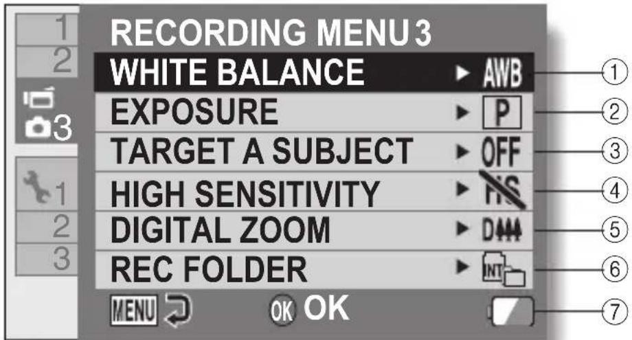 RECORDING MENU 3 WHITE BALANCE ▶ AWB EXPOSURE ▶ P TARGET A SUBJECT ▶ OFF HIGH SENSITIVITY ▶ FIS DIGITAL ZOOM ▶ DMM REC FOLDER ▶ INT MENU OK OK