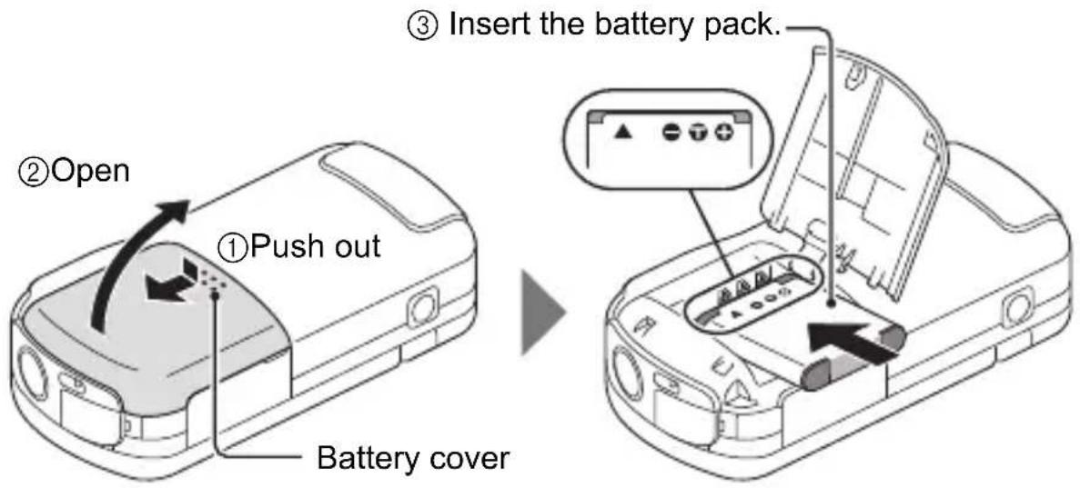 ②Open ①Push out Battery cover ③ Insert the battery pack.
