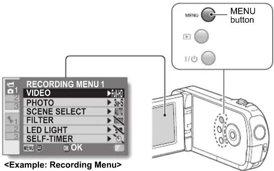 RECORDING MENU 1 VIDEO ▶ Full-HD PHOTO ▶ 3M-S SCENE SELECT ▶ AUTO FILTER ▶ LED LIGHT ▶ SELF-TIMER ▶ MENU ▶ OK OK MENU button 1/0 Example: Recording Menu>