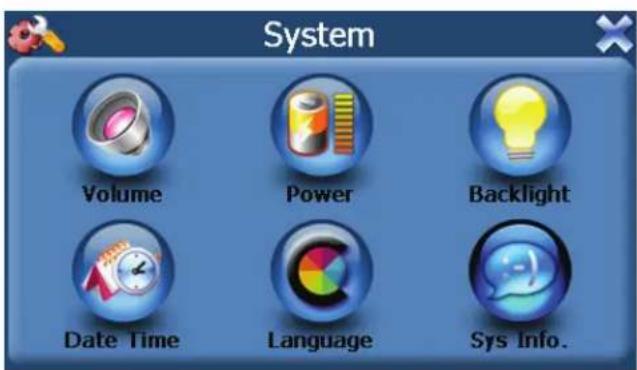 System Volume Power Backlight Date Time Language Sys Info.