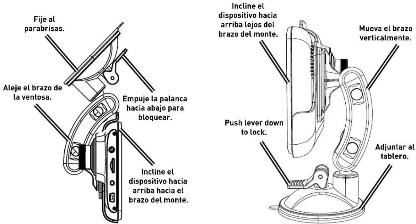 Fije al parabrisas. Aleje el brazo de la ventosa. Empuje la palanca hacia abajo para bloquear. Incline el dispositivo hacia arriba hacia el brazo del monte. Incline el dispositivo hacia arriba lejos del brazo del monte. Push lever down to lock. Mueva el brazo verticalmente. Adjuntar al tablero.