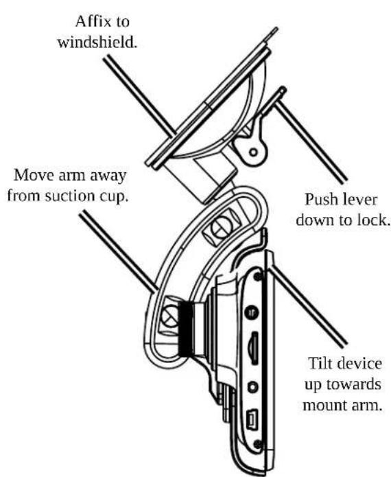 Affix to windshield. Move arm away from suction cup. Push lever down to lock. Tilt device up towards mount arm.