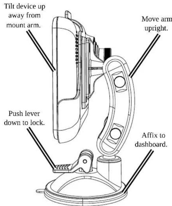 Tilt device up away from mount arm. Move arm upright. Push lever down to lock. Affix to dashboard.