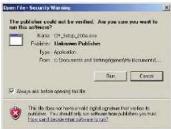 Open File - Security Warning The publisher could not be verified. Are you sure you want to run this software? Name: C:\Setup_2010.exe Publisher: Unknown Publisher Type: Application From: C:\documents and Settings\generated\My Documents... Run Cancel ✓ Always ask before opening the file This file does not have a valid digital signature that verifies to publisher. You should only run software from publishers you trust this card when doing this software is run?