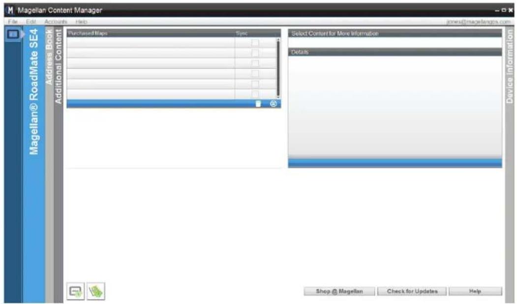 Magellan Content Manager File Edit Accounts Help jones@magellengps.com Address Book Additional Content Magellan® RoadMate SE4 Purchased Maps Sync Select Content for More Information Details Device Information Shop @ Magellan Check for Updates Help