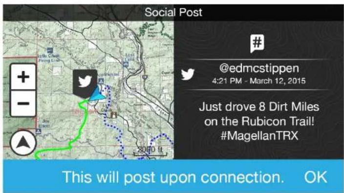 Social Post # @edmcstippen 4:21 PM - March 12, 2015 Just drove 8 Dirt Miles on the Rubicon Trail! #MagellanTRX This will post upon connection. OK