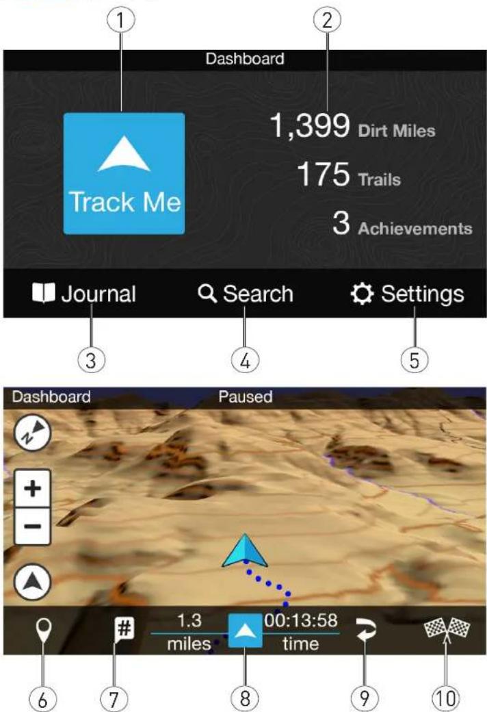 Dashboard Track Me 1,399 Dirt Miles 175 Trails 3 Achievements Journal Search Settings 3 4 5 Dashboard Paused + - 1.3 00:13:58 miles time 6 7 8 9 10