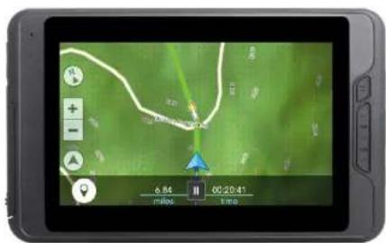 Smartphone screen displaying a map with location markers and time stamp, showing geographic coordinates and navigation icons.