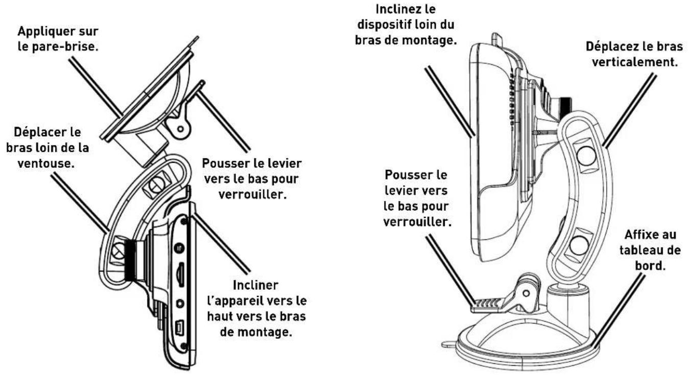 Appliquer sur le pare-brise. Déplacer le bras loin de la ventouse. Pousser le levier vers le bas pour verrouiller. Incliner l'appareil vers le haut vers le bras de montage. Inclinez le dispositif loin du bras de montage. Déplacez le bras verticalement. Pousser le levier vers le bas pour verrouiller. Affixe au tableau de bord.