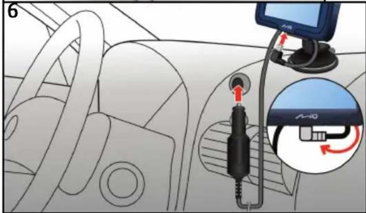 Diagram showing car interior connection with a mounted audio jack and cable, including a magnified inset highlighting the cable's rotation.