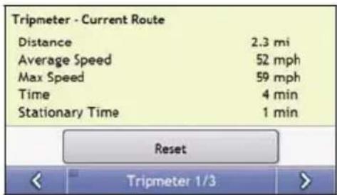 Tripmeter - Current Route Distance 2.3 mi Average Speed 52 mph Max Speed 59 mph Time 4 min Stationary Time 1 min Reset < Triptmeter 1/3 >