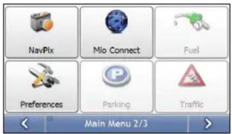 NavPix Mio Connect Fuel Preferences Parking Traffic Main Menu 2/3