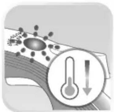 Illustration of a virus particle interacting with a thermometer and warning symbol (no text or labels)