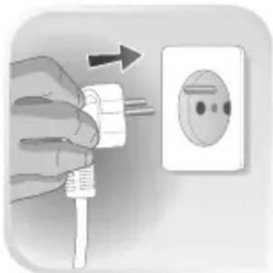 Hand holding a power plug next to an electrical outlet (no text or symbols visible)
