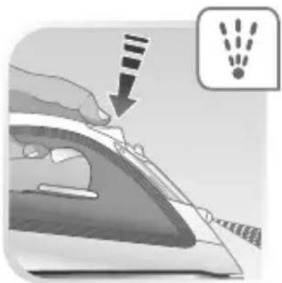 Illustration of a hand using an iron to press down a piece of iron, with a warning symbol (no text or symbols present)