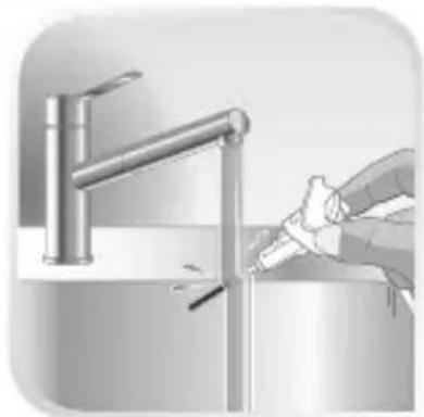Illustration of a hand cleaning a stainless steel faucet (no text or symbols visible)
