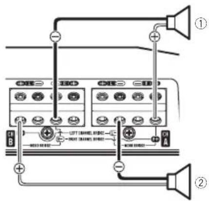 Diagram showing two connected audio equipment setups with speaker and audio signal labels