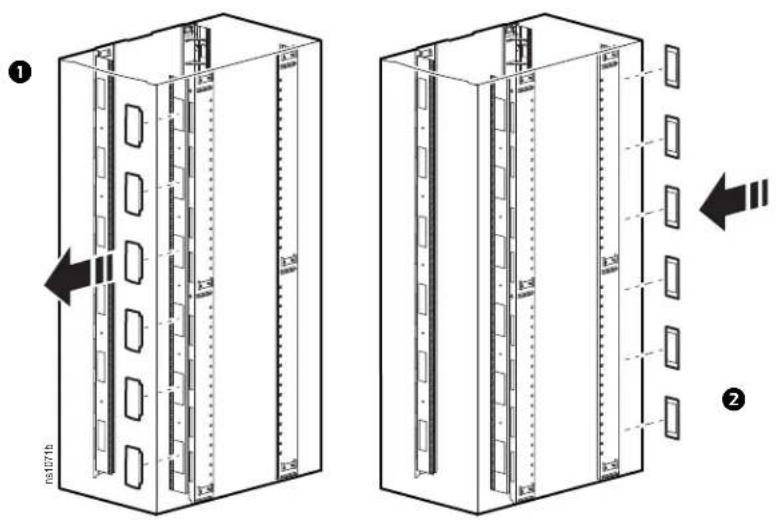 Technical diagram showing two views of a rectangular enclosure with internal partitions and labeled components, including directional arrows and annotations.