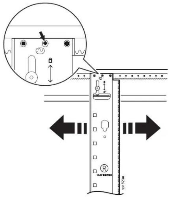 Technical diagram showing a server rack with labeled components and directional arrows, including a magnified inset of the device's internal structure.