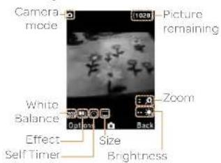 Camera mode (1029) Picture remaining White Balance Button Zoom Back Effect Size Self Timer Brightness