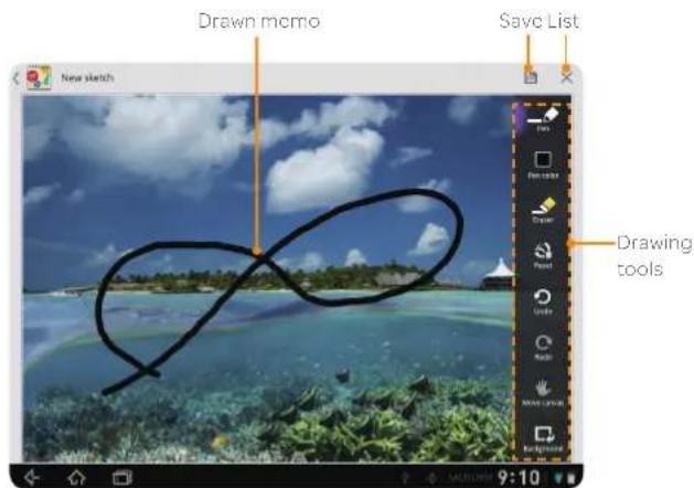 Drawn memo Save List New sketch Drawing tools 9:10