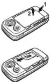 Technical diagram showing two views of a mobile phone with labeled parts 1 and 2, likely illustrating a device's front and side views.