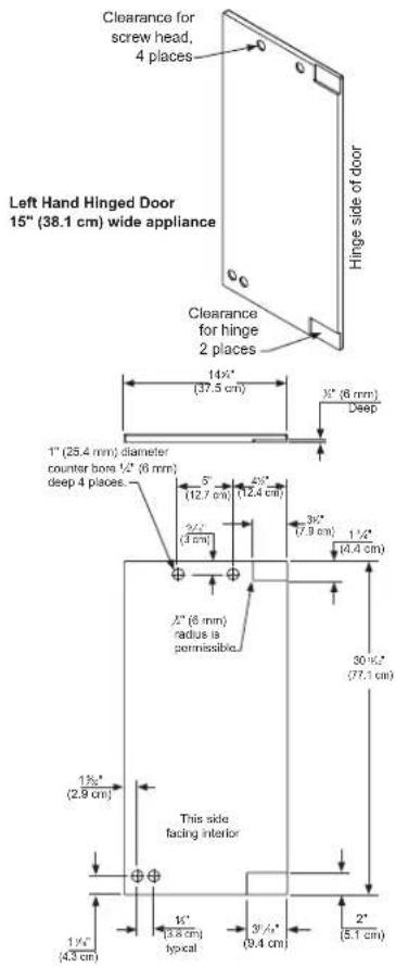 Clearance for screw head, 4 places Hinge side of door Left Hand Hinged Door 15" (38.1 cm) wide appliance Clearance for hinge 2 places 14" (37.5 cm) X" (6 mm) Deep 1" (25.4 mm) diameter counter bone 1/2" (6 mm) deep 4 places 5" (12.7 cm) 4/2" (12.4 cm) 9/2" (4 cm) 3/2" (7.9 cm) 1 1/4" (4.4 cm) X" (6 mm) radius is permissible 30 X" (77.1 cm) 1 1/4" (2.9 cm) This side facing interior 1/4" (4.3 cm) 1/2" (3.8 cm) typical 3' X" (9.4 cm) 2" (5.1 cm)