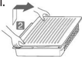 Diagram showing hands handling a corrugated metal tray with labeled parts 1 and 2