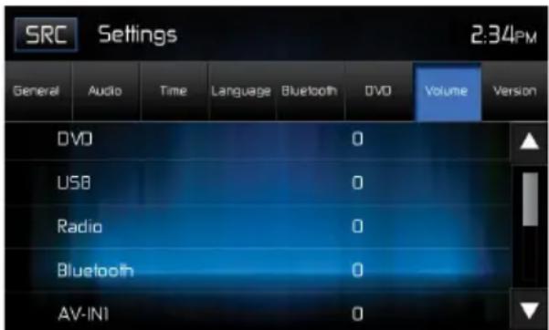 SRC Settings 2:34PM General Audio Time Language Bluetooth DVD Volume Version DVD 0 USB 0 Radio 0 Bluetooth 0 AV-IN1 0