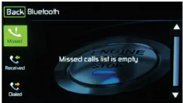 Back Bluetooth Missed Engine Missed calls list is empty STOP Received Dialed