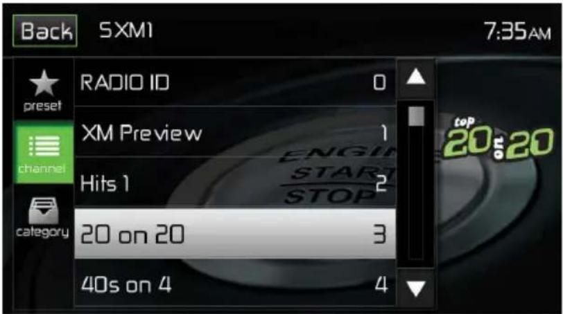 Back SXM1 7:35AM RADIO ID 0 XM Preview 1 Hits 1 2 20 on 20 3 40s on 4 4 top 20$20 channel category