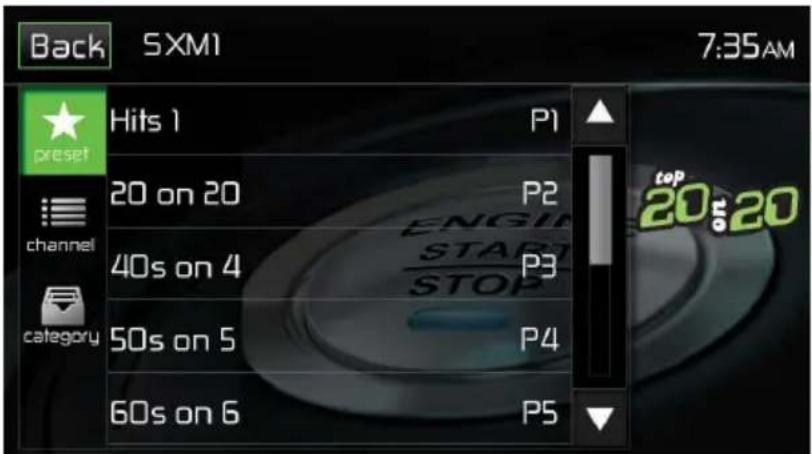 Back SXM1 7:35AM Preset channel category Hits 1 P1 20 on 20 P2 40s on 4 P3 50s on 5 P4 60s on 6 P5 top 20:$20