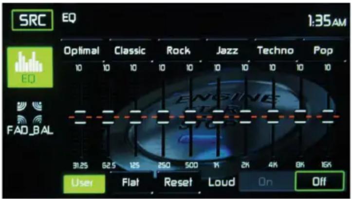 SRC EQ 1:35AM Optimal Classic Rock Jazz Techno Pop 10 10 10 10 10 10 10 10 10 10 EQ FAD_BAL 31.25 62.5 125 250 500 1K 2K 4K 8K 16K User Flat Reset Loud On Off
