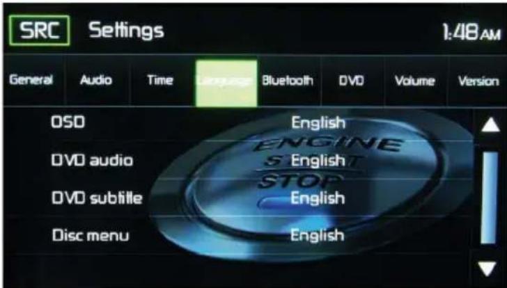 SRC Settings 1:48 AM General Audio Time Language Bluetooth DVD Volume Version OSO English DVO audio English DVD subtille English Disc menu English