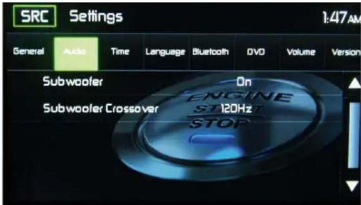 SRC Settings General Audio Time Language Bluetooth DVD Volume Version Subwoofer On Subwoofer Crossover 120Hz T STOP