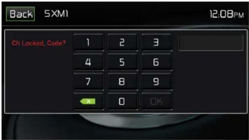 Back SXM1 12:08PM Ch Locked, Code? 1 2 3 4 5 6 7 8 9 x 0 OK