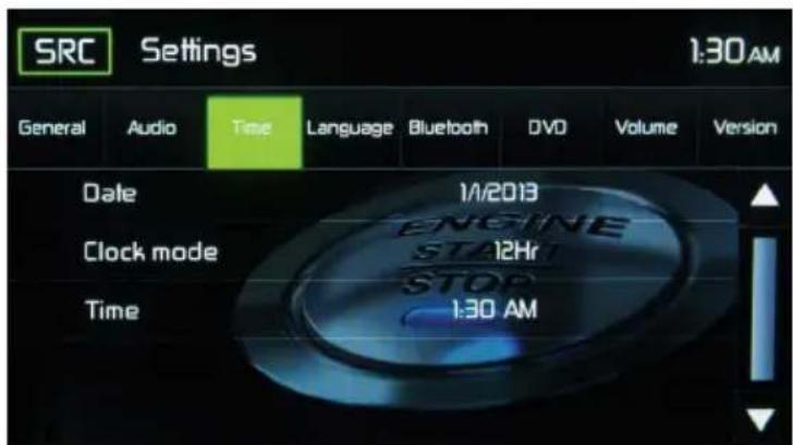 SRC Settings 1:30 AM General Audio Time Language Bluetooth DVD Volume Version Date 1/1/2013 Clock mode 12Hr Time 1:30 AM