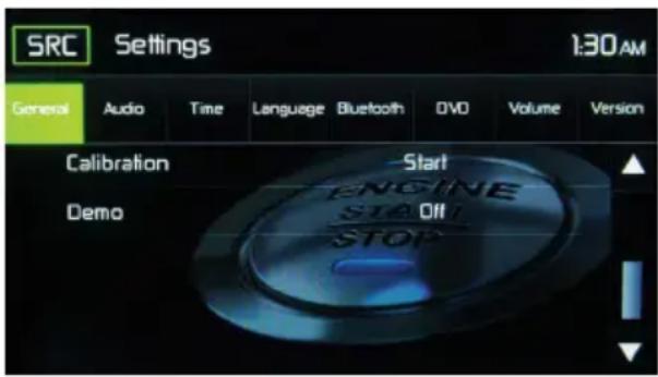 SRC Settings 1:30AM General Audio Time Language Bluetooth DVD Volume Version Calibration Start Engine STAG Off STOP Demo