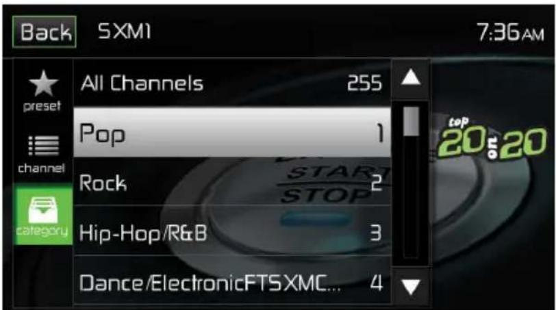 Back SXM1 7:36AM All Channels 255 pop 1 Rock 2 Hip-Hop/R&B 3 Dance/ElectronicFTSXMCC... 4 channel category top 20:$20