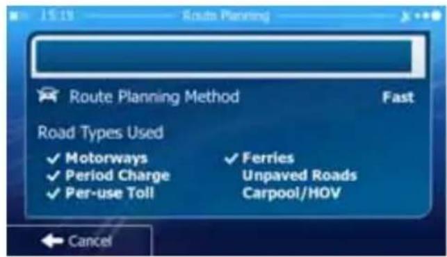 Route Planning Method Fast Road Types Used ✓ Motorways ✓ Ferries ✓ Period Charge Unpaved Roads ✓ Per-use Toll Carpool/HOV Cancel