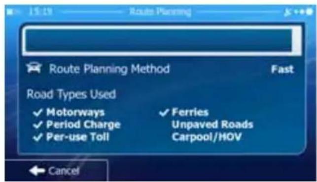 Route Planning Method Fast Road Types Used ✓ Motorways ✓ Period Charge ✓ Per-use Toll ✓ Ferries Unpaved Roads Carpool/HOV Cancel